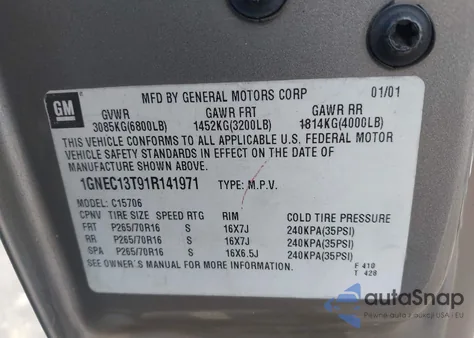 2001 Chevrolet Tahoe Lt from USA, damaged, VIN 1GNEC13T91R141971